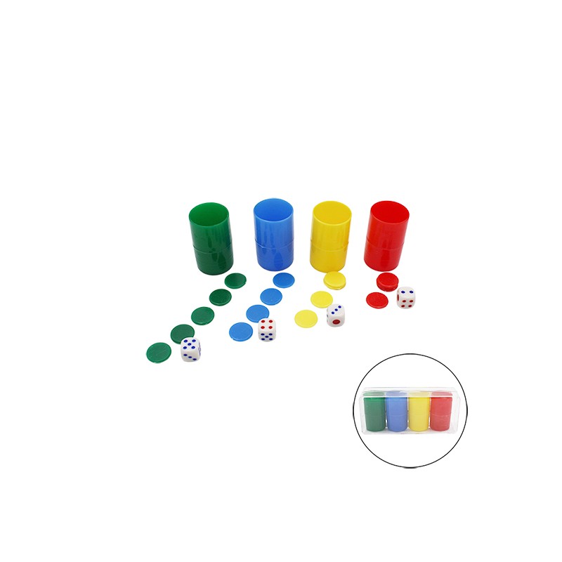 LOTE 3 PACKS 4 CUBILETES CON FICHAS DE PARCHÍS Y DADOS